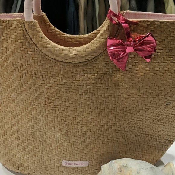 Juicy Couture Beach Straw Bag Tote w/ Pink Bow Large - Picture 2 of 6